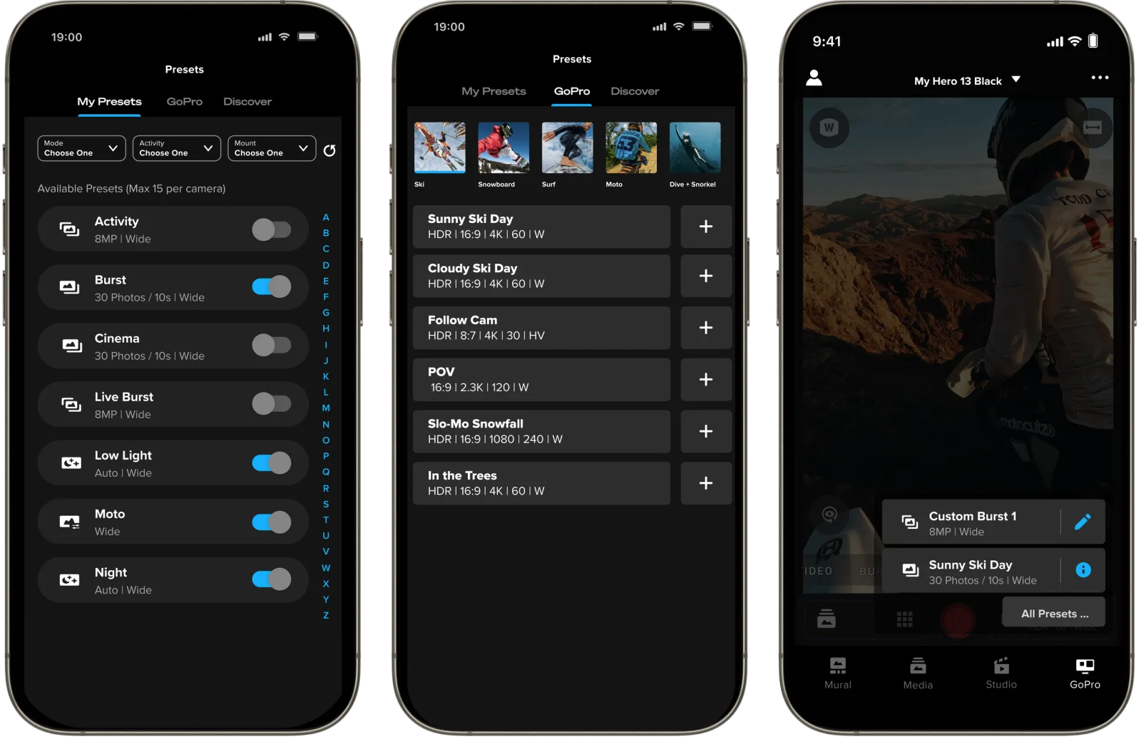 Three GoPro interface studies for browsing, adding and applying camera presets